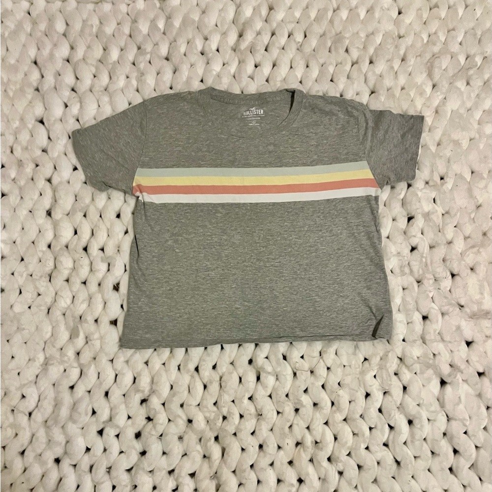 Hollister Gray Tee with Pastel Stripes